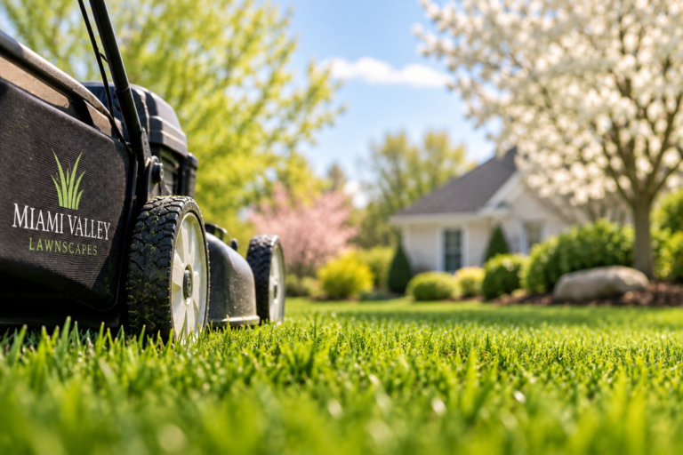 Miami Valley Lawnscapes mower on a freshly cut green lawn in front of a landscaped home on a sunny spring day.