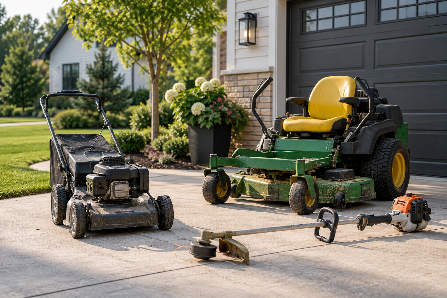 Riding mower, push mower, and weed trimmer ready for weekly or bi-weekly residential lawn maintenance.