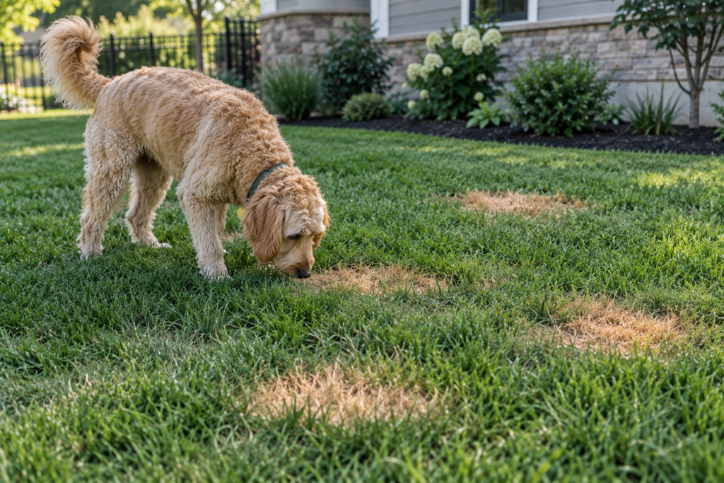 Dog on a lawn with brown urine spots, illustrating how to prevent and repair dog urine damage to grass.