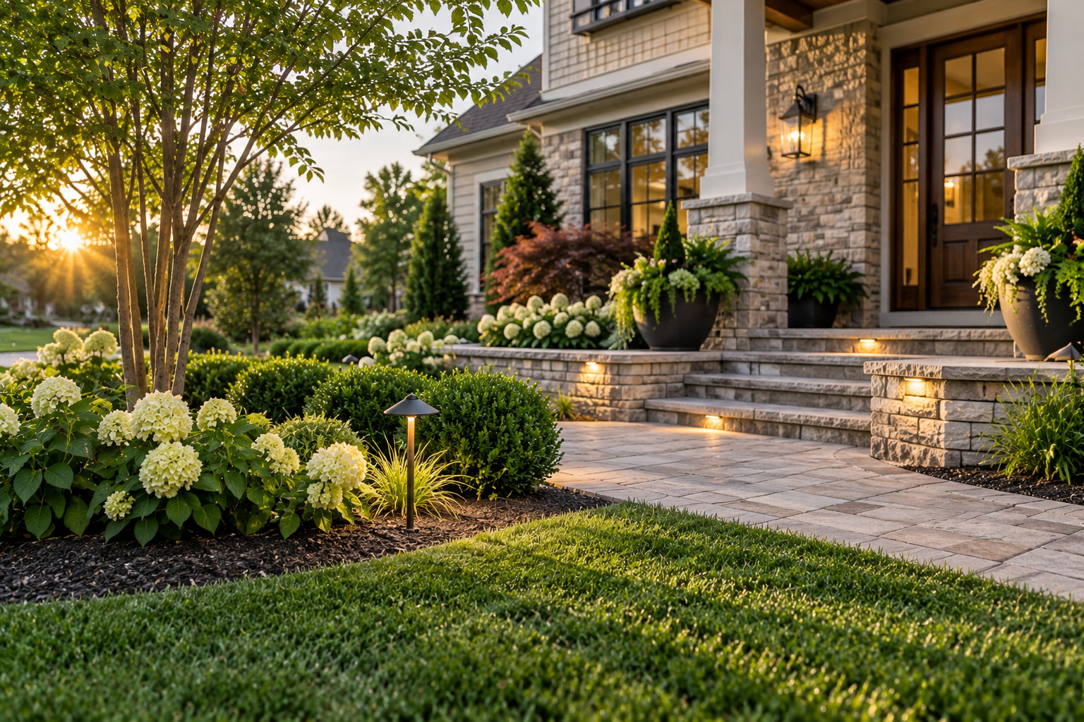 High-end residential landscaping with lush plantings, stone walkways, landscape lighting, and manicured lawn enhancing a home’s curb appeal.